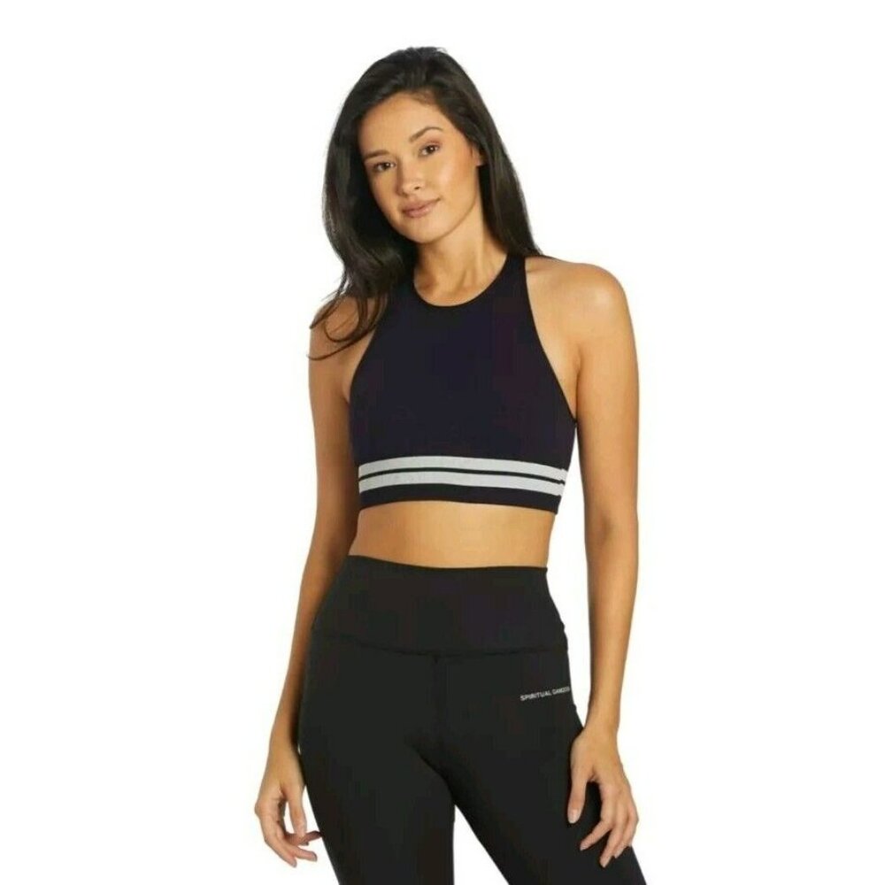 Spiritual Gangster High Neck Heathered Seamless Bra Navy Grey Stripe (XS/S)